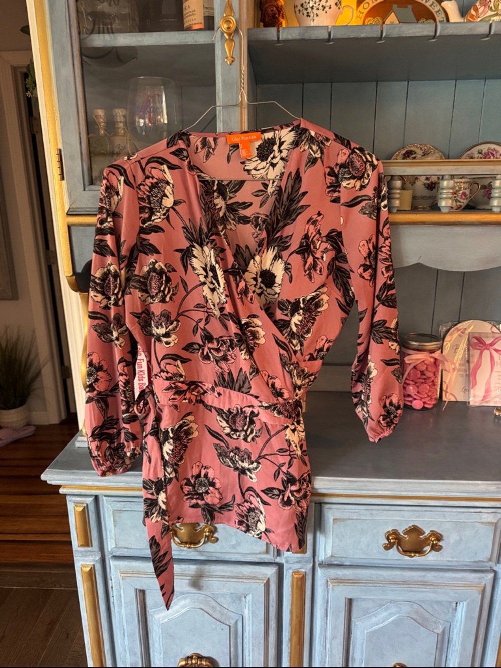 Parker Rose Floral Wrap Top with Black and Cream Flowers